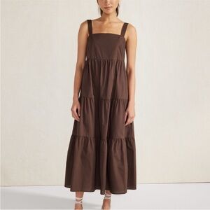 Haven Well Within Brown Organic Cotton Poplin Tiered Maxi Dress Sz M Square Neck